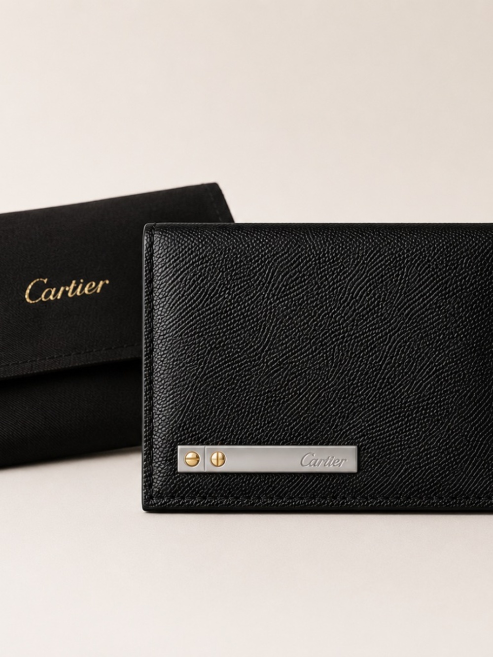 Cartier Black Card Holder Slim Bifold Wallet Logo Plaque w/ Dust Bag France NWT